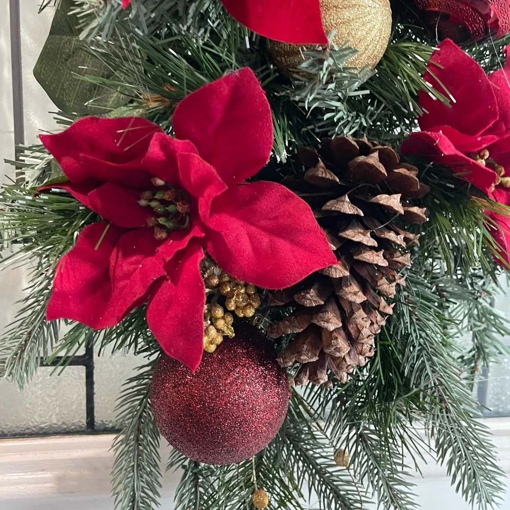 **Burgundy Poinsettia Christmas Teardrop Swag Wreath Front door